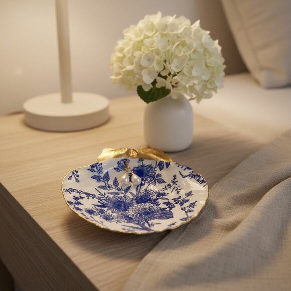 Handmade Other - Blue Chinoiserie Floral Trinket Dish | Floral Jewelry Ring Holder
